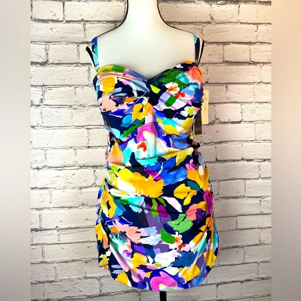 Profile By Gottex Holi Floral Abstract One Piece Bathing Suit Size 22W Bandeau